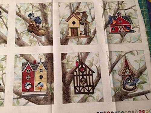 Alina Natetkova - Multicolor Cotton Fabric Panel - Bird - Square Pattern - Craft Fabric - Birdhouses/Birds - 22" x 36" - Quilted