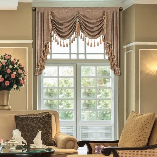 Loom and Mill Thick Chenille Waterfall Valance for Living Room, Luxury Swag Valances with Multi-Tassels & Pendant, Coffee Swag Curtains for Bedroom Kitchen Dining Room Window Decor(W59Inch,1 Panel)