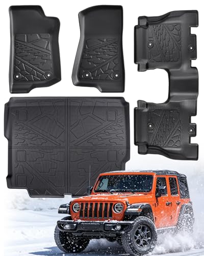 hoMPLEX Floor Mats Cargo Liner for Jeep Wrangler JL 4 Door 2018-2025 2026 Without SUBWOOFER (Non JK or 4XE) All Weather TPE Tech Trunk Mats for Wrangler JL 2019 2020 2021 2022 2023 2024 Accessories