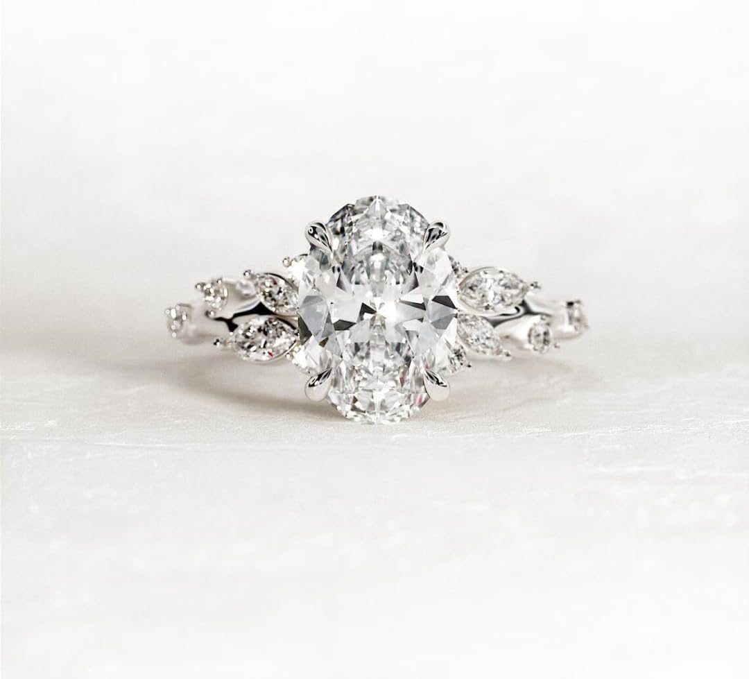 2 Ct Oval Cut Diamond Twig and Leaf Branch Solitaire Accent Engagement Ring For Women Jewelry 14k Gold Plated Unique Nature Inspired Ring 925 Sterling Silver Handmade Delicate Rustic Gift Ring