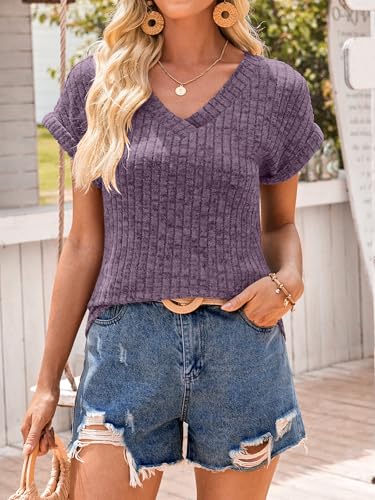 ANRABESS Women Tops Summer Sweaters Short Sleeve V Neck Shirts 2025 Spring Fashion Dressy Casual Business Tunic Blouses3