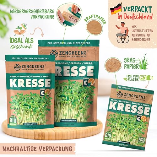 ZenGreens® - Bio Kresse Sprossen Samen - Wähle zwischen 10g, 200g und 500g - Kresse Samen - Keimrate von über 96% - Bio Saatgut zum Keimsprossen ziehen - wiederverschließbare Verpackung