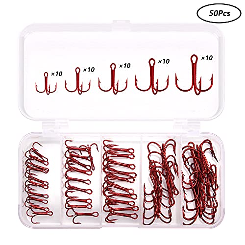 YUMUN 50 Stück Drillinge Haken, Treble Angelhaken, Kohlenstoffstahl Angelhaken, Drillinge Angelhaken Set, Angel Haken… – Bild 3