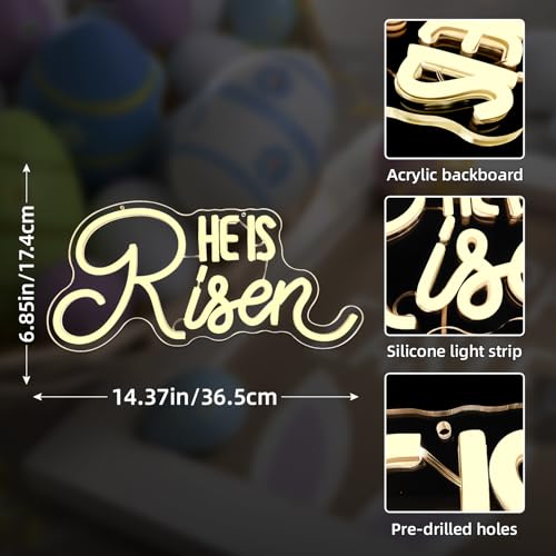 Image of He Is Risen Neon Sign Easter Neon Signs for Wall Decor Jesus Led Sign USB Neon Lights for Bedroom Christmas Party He Is Risen Easter Decor