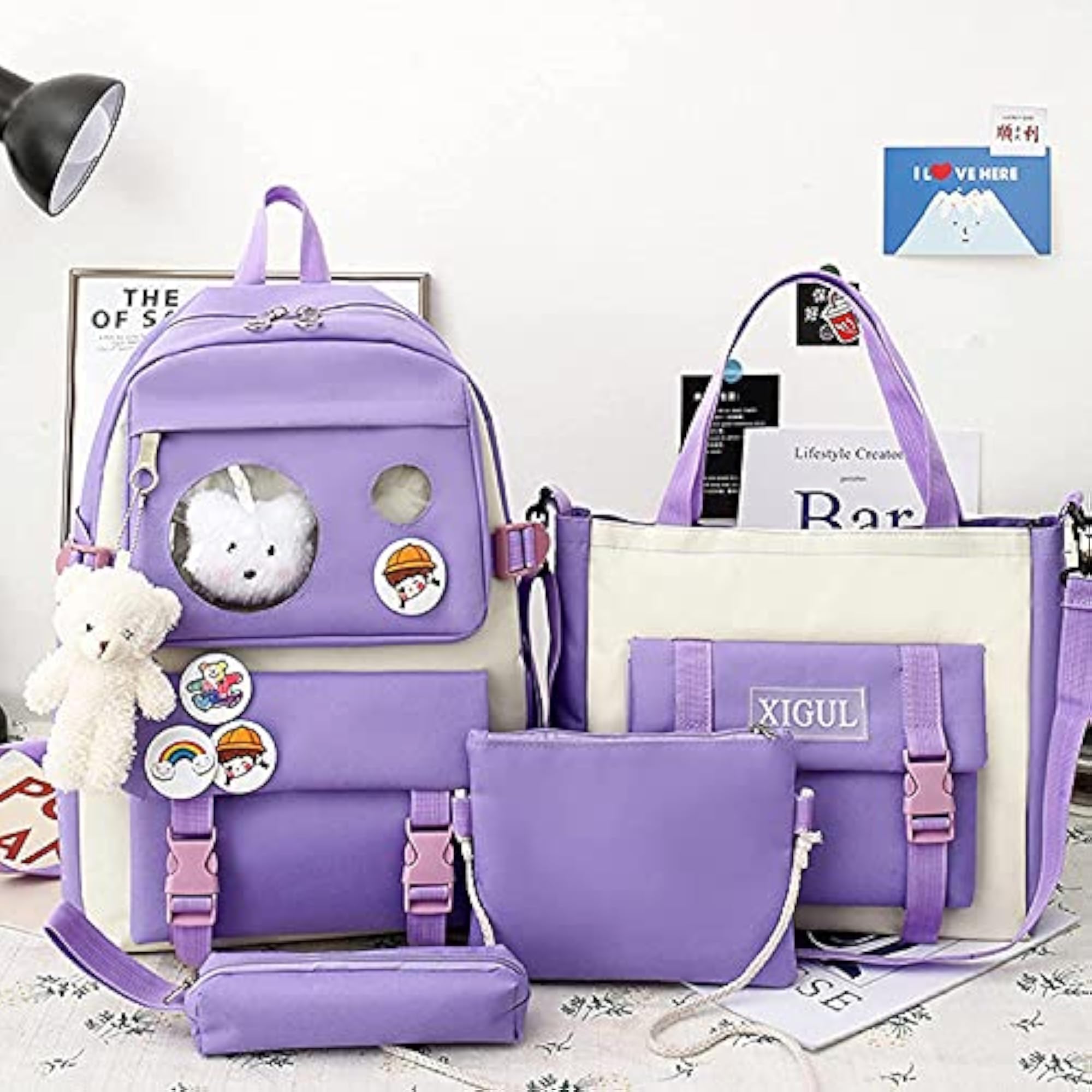 4pcs Cute Backpack Set with Pins Bear Pendant