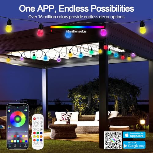 RGB 49FT Outdoor String Lights with App & Remote, IP66 Waterproof, 25 Color-Changing Bulbs for Cafes, Gardens, and Balconies