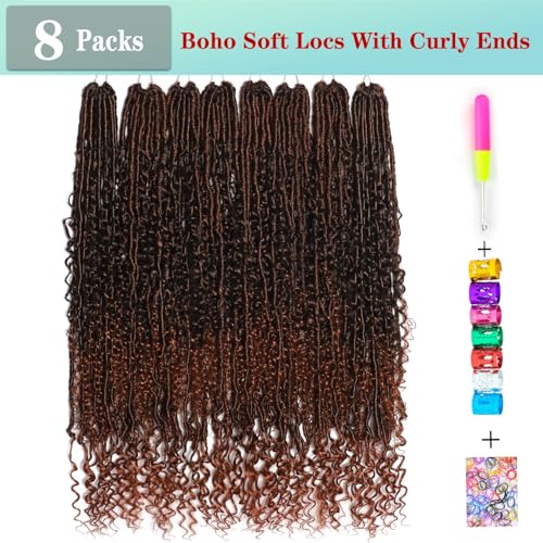 BLUONASI Boho Faux Locs Crochet Hair 30 Inch Goddess Locs 8 Packs Boho Soft Locs Crochet Hair with Curly Ends Pre-looped Long Bohemian River for Black Women (T350# - Image 3