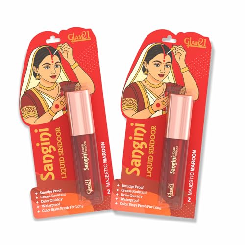 Image of Glam21 Sangini Liquid Sindoor | Rich Color & Smooth Application | Long-Lasting Matte Finish | Quick-Dry, Smudge-Proof & Comfortable Wear|For Everyday & Festive Use|Pack of 2| 4ml Each,Majestic Maroon