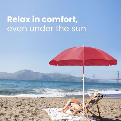 Image of ORILEY Garden Umbrella with Stand Foldable Big Size (7ft Height 42 Inch Rib Arm) Heavy Duty Waterproof Rain & UV Sun Protection Outdoor Patio for Balcony Shedding Cantilever & Lawn (Red)