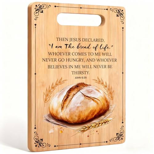 Tabla de corte rústica para pan con versículo bíblico Juan 6:35, regalos cristianos para mujeres y hombres, tablas de bambú reversibles para cocina miniatura 1