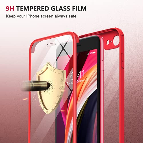 Image of Miracase for iPhone SE Phone Case 3rd /2nd Generation 2022 2020 Full-Body with Built-in Glass Screen Protector, Heavy Duty 360 Protective Shockproof Bumper Cover for iPhone 8 /SE 4.7 Inch, Red