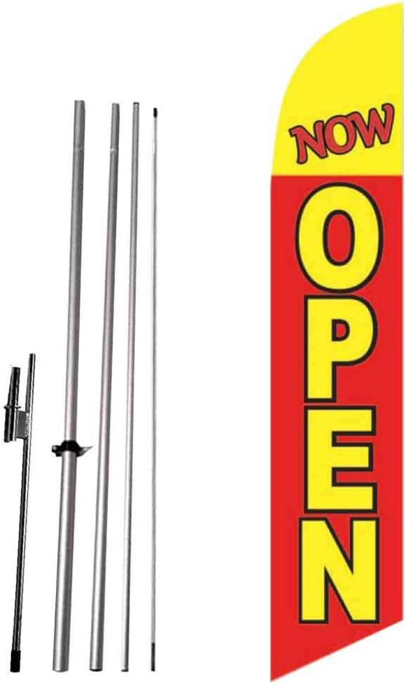 Now Open (Red/Yellow) Advertising Feather Flag with Complete 15ft Pole kit and Ground Spike