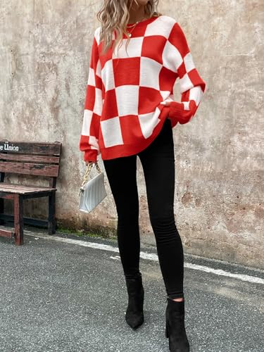 Image of SHENHE Women's Checkered Color Block Oversized Sweater Plaid Crew Neck Drop Shoulder Pullovers