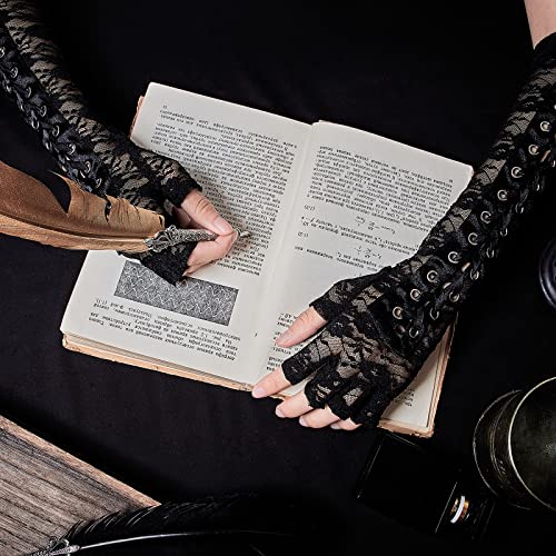 SATINIOR 3 Paar Damen Spitzen Fingerlose Handschuhe Kurze Spitzenhandschuhe Ellbogen Schnüren Steampunk Handschuhe für Halloween Cosplay Party