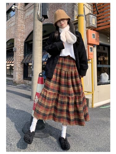 utcoco Women's Vintage Plaid Midi Skirt High Waist A Line Tiered Flared Patchwork Long Skirt for Fall & Winter3