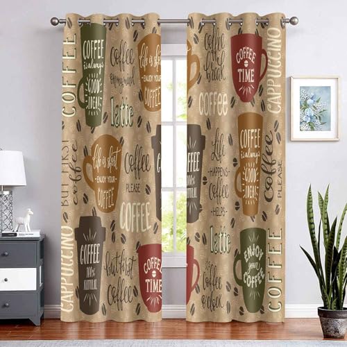 BSPPTI Coffee Theme Print Curtains for Bedroom Living Room Kitchen, Room Darkening Thermal Insulated Blackout Window Drapes 2 Panels, 42