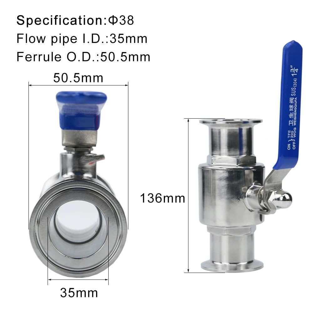 Llave De Paso Agua Válvula de bola sanitaria acero inoxidable 304 19 mm, 3/4", 1", 1-1/2", 2", tipo Tri Clamp, casquillo 50,5 mm/64(38mm x Ferrule 50.5)