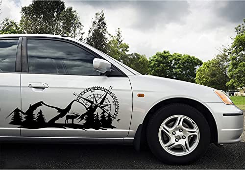 Fochutech Cool Car Stickers For Men, Compass Mountain Big Car Decals, Vinyl Stickers For Car Side Body Door, Large Rv Graphic Decals Tree Deer, Auto Decal Stickers For Truck Racing Suv Boat (Black) #TOP4