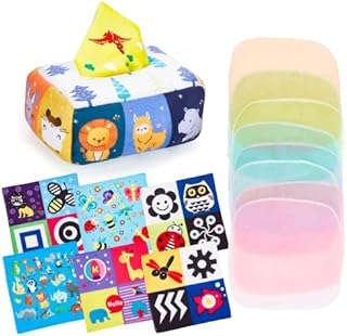 Eucomir Baby Tissue Box Toy,Sensory Toys for Babies 6-12 Months,Tissue Box Toy Soft and Reusable,10 Colorful Spinning Silk Scarves,6 Square Scarves,Preschool Learning Toys for Baby,White Animal