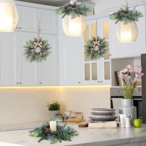 Image of 4 PCS Christmas Candle Rings Wreaths Norfolk Snowy Pine Needles Garland Pinecones Wreaths Artificial Cedar Candle Rings Holder for Christmas Wedding Home Table Centerpiece Door Window Chair Wall