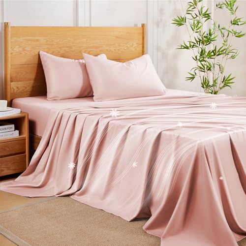 MR&HM Twin Sheets Set, 3-Piece Cooling Sheets, Rayon Derived from Bamboo & Polyester Blend, Soft & Silky, 15" Deep Pockets with Elastic Straps, Hotel Luxury for Hot Sleepers, Pink