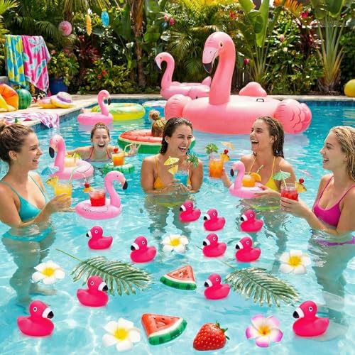 Image of Goaste 50 Pieces Flamingo Rubber Ducks Bulk, Pink Flamingo Bath Toys, Cute Floating Squeaky Bathtub Ducks for Baby Shower, Birthday Party, Cake Decoration, Classroom Prizes