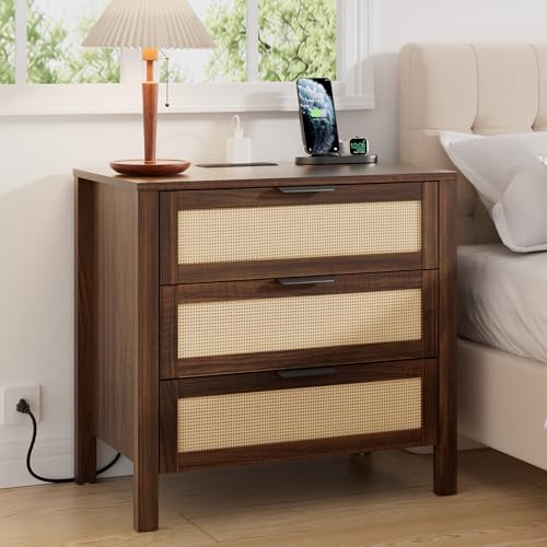 HOMMPA Rattan Night Stand with Charger Station, 26'' Wide Boho Nightstand with 3 Drawer, Modern Bedside Table with USB Port & AC Outlet, Bed Side End Table Dresser with Open Shelf for Bedroom, Walnut