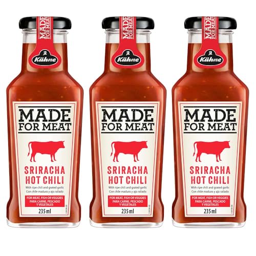 Kuhne Made for Meat Sriracha Hot Chili Sauce, con Peperoncino Maturo e Aglio Grattugiato, per Carne Pesce o Verdure, 235ml, Confezione da 3