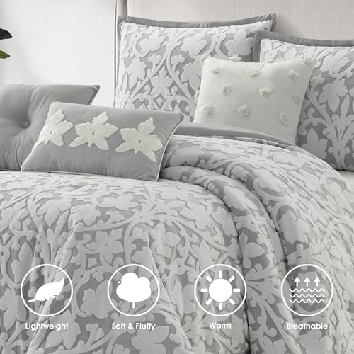 LANCO MODERN LIFESTYLE 7 Pieces Comforter Set, King, White Grey, Jacquard Floral Pattern and Classy Damask Medallion Design, Ultra Soft, Includes Bed Skirt, Shams, and Decorative Pillows by LANCO MODERN LIFESTYLE - Used condition - Image 2