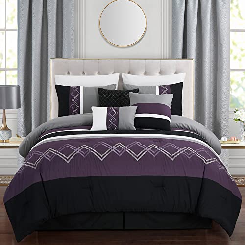 Chezmoi Collection Arden 7-Piece Modern Pleated Stripe Embroidered Zigzag Bedding Comforter Set (King, Purple/Black/Gray/White) by Chezmoi Collection - Image 2