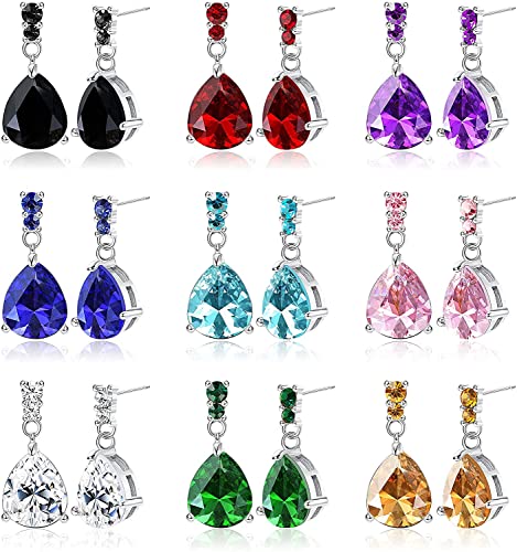 LOLIAS 9 Pares Pendientes Colgantes Circonita con Forma de Gota de Agua Pendientes Colgantes de Lágrima de Acero Inoxidable Multicolor para Mujer Pendientes Elegantes de Plata y Oro
