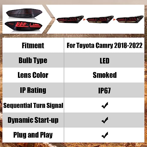 Yhy For Toyota Camry 2018-2020 Tail Lights Assembly With Sequential Turning Signal/Dynaic Animation W/Breath Running Light，Smoke/Tinted, Driver & Passenger Sides #TOP2