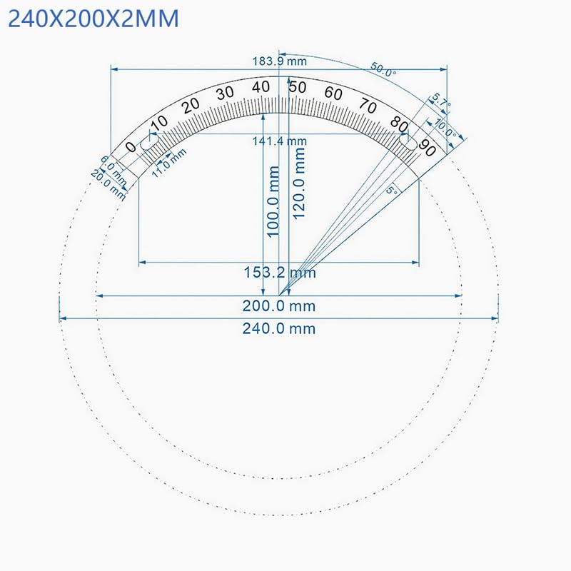 Semicircular Stainless Steel Dial Positioning Hole Protractor Ruler Angle 180 Dial 60MM 80MM 120M 240MM Measurement Tools (240X200X2MM)