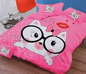 SinghsVillas Decor Presents Kids Cartoon Print Double Bedsheet with 2 Pillow Covers (Pink Cat)