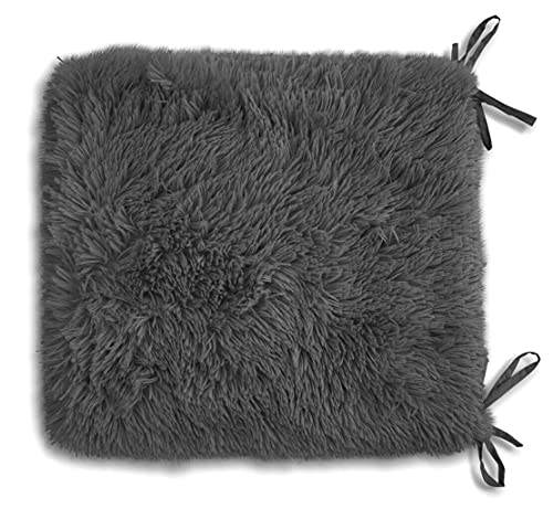 Teddy Fleece Chair Pads SOFT & SNUG Fur With Reversible Plain Sherpa Teddy Fleece Seat pads REMOVABLE Dining Garden Chair Cushion Luxury Super Soft Fluffy Fur Seat Pads With Ties Backs (4, Charcoal)