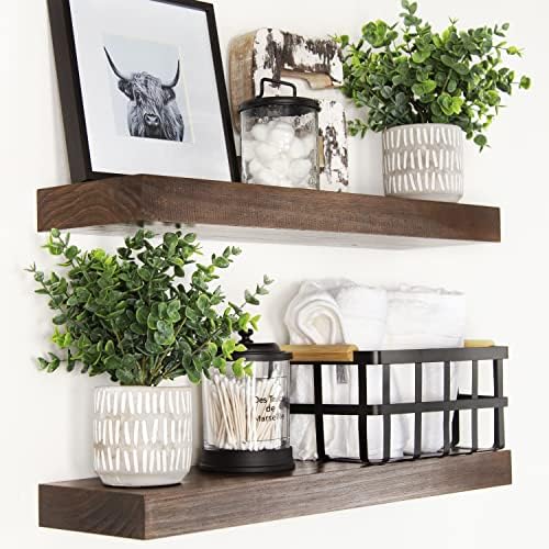 Homeforia Rustic Farmhouse Floating Shelves, Bathroom Wooden Shelves for Wall Mounted, Thick Industrial Kitchen Wood Shelf - 24 x 6.5 x 1.75 inch - Set of 2 - American Walnut Color