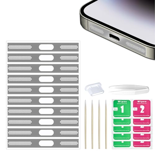 Senbos Kit de 21 calcomanías protectoras a prueba de polvo compatibles con iPhone 15 Pro Max, actualizaciones de teléfono móvil, altavoz de malla, cubierta adhesiva antipolvo con tapón antipolvo USB C