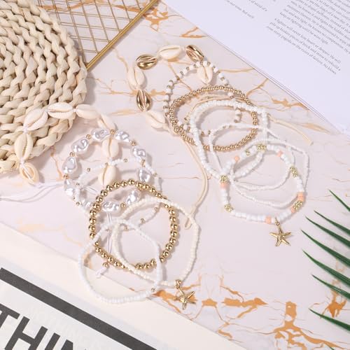 13pcs Summer Beach Beachy Bracelets Set, 2 Styles Stack Stackable Seashell Sea Shell Bracelets & Bohemian Beaded Jewelry Elastic Starfish Charm Jewelry for Women Vacation Summer Beach Party Gift4