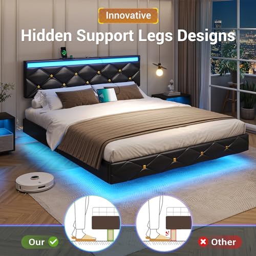 Image of Hasuit Floating Bed Frame Full Size with LED Lights and Charging Station, Modern Full Platform Bed with Vegan Leather Upholstered Headboard, No Box Spring Needed, Noise Free, Easy to Assemble