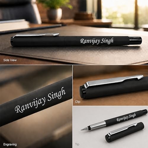 Image of Savri Personalized Parker Fountain Ink Pen with Name Engraved -Elegant Matte Black with Silver Clip -Customized Gifts for Men, Women, Teachers, Professionals, Birthday, Anniversary & corporate gifting