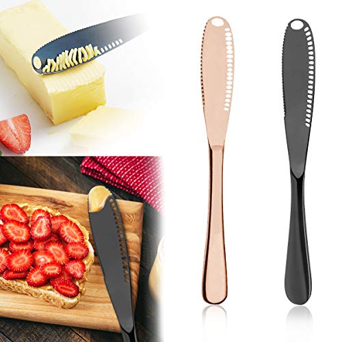 2 PCS Butter Spreader Knife, 3 in 1 Kitchen Gadgets, Curler, Butter Grater, Stainless Steel Butter Knife Spreader and Grater with Serrated Edge, Shredding Vegetables Fruits (Black, Rose)