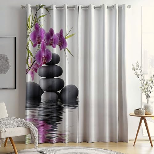 Cortinas Opacas con Aislamiento térmico, Acuarela Cortinas con Rocas Negras Orquídeas Moradas Estampadas, 140 x 245 cm (2 Paneles) para Dormitorio Salon Habitacion Cortinas de Casa con Ojales