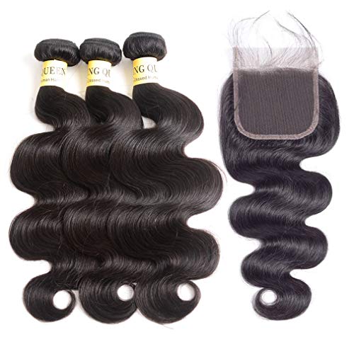 Brazilian Body Wave Bundles With 4x4 Lace Closure Body Wave 3 Bundles Virgin Human Hair Bundles with Closure Natural Black (14 16 18+14 closure)