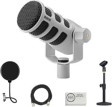 Rode PodMic USB and XLR Dynamic Podcasting Microphone | White Bundle Pop Filter + Desktop Microphone Stand + XLR Cable + Cleaning Cloth 5 Items