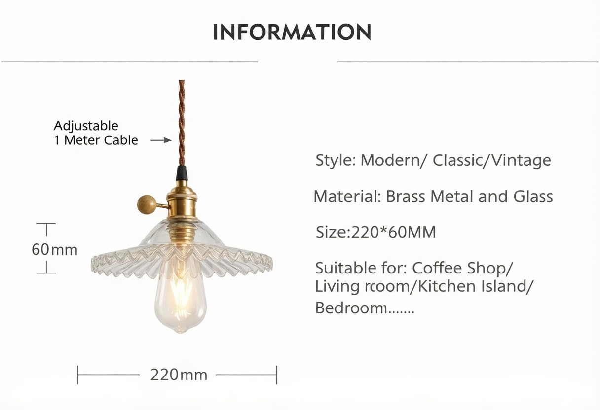 Lampa Wisząca Szklana Transparentna E27 Sufitowa Vintage Industrialna z Mosiężnym Wykończeniem Retro do Kuchni Salonu Baru