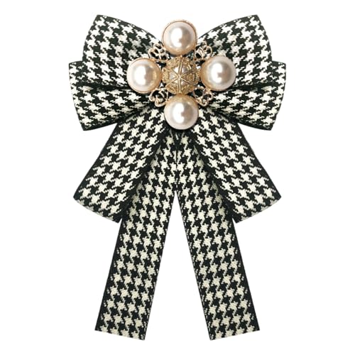 Image of Layered Shell Pearl Bow Pre-Tied Brooch for Women Girls Elegant Love Heart Gold Plated Black White Houndstooth Bowknot Tie Brooches Lapel Pins Corsage Collar Ceremony Holiday Dress Accessories