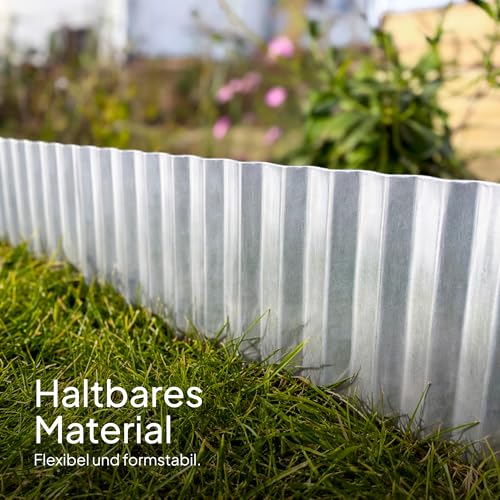 UNIGARDIA Rasenkante Verzinkt 12 m - Beeteinfassung aus Metall 15 cm hoch - Einfache Montage, Rostfrei und Langlebig - Flexible Beetumrandung, 1 Paar Montagehandschuhe inklusive