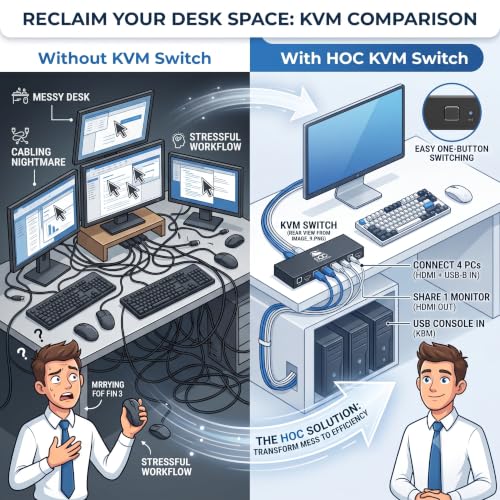 Image of HOC Technologies 4 Port HDMI KVM Switch 4K@30Hz, HDMI 1.4, 3D, USB Keyboard Mouse Sharing, Windows /Mac /Linux /Chrome OS