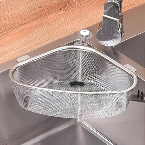 Image of NYS STORE Stainless Steel Sink Corner Strainer – Triangle Drainer Basket & Shelf Organizer for Kitchen | Multi-Use Fruit, Vegetable, Soap, Sponge Holder | Rust-Resistant Sink Shelf Corner Rack