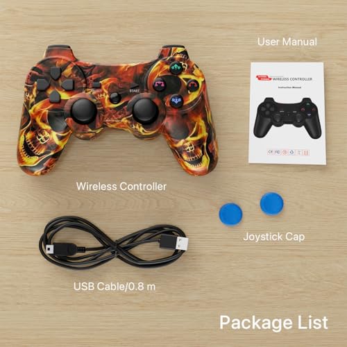 Image of ISHAKO Wireless Controller for PS3 /PC, Upgraded Joystick with Dual Vibration and 6-Axis Motion Control, Ergonomic Design (Flames)